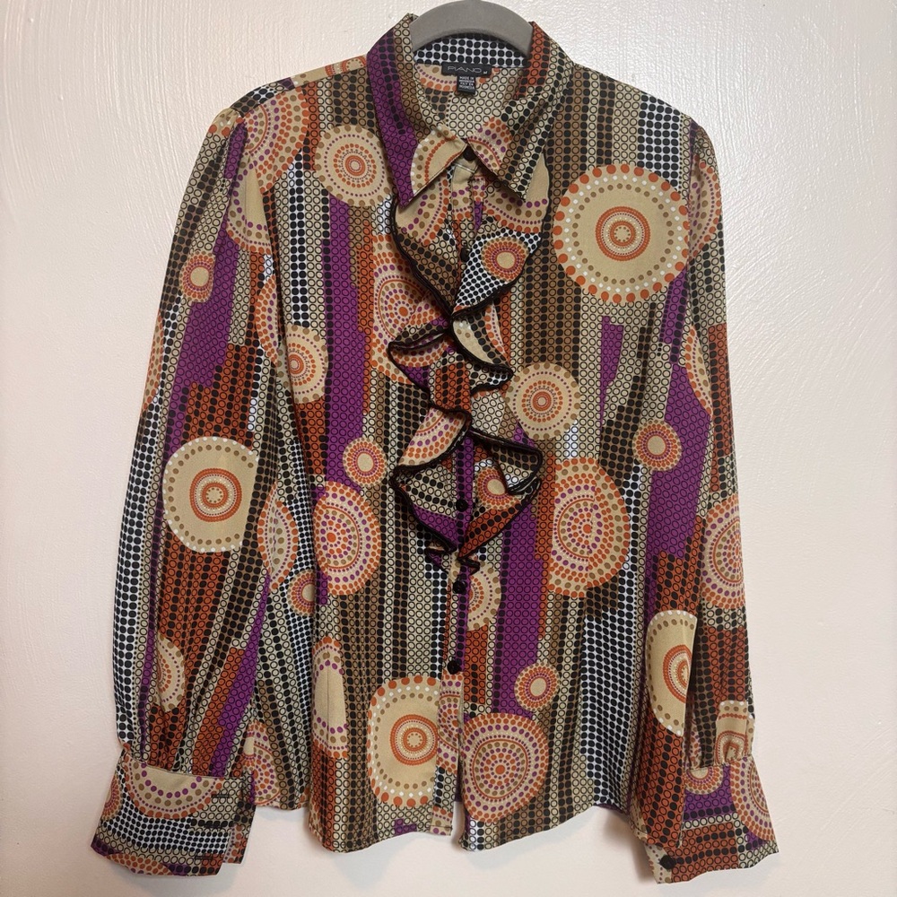 Piano Vintage Women's Blouse Ruffle Collared‎ Button Down Buttoned Cuffs Medium